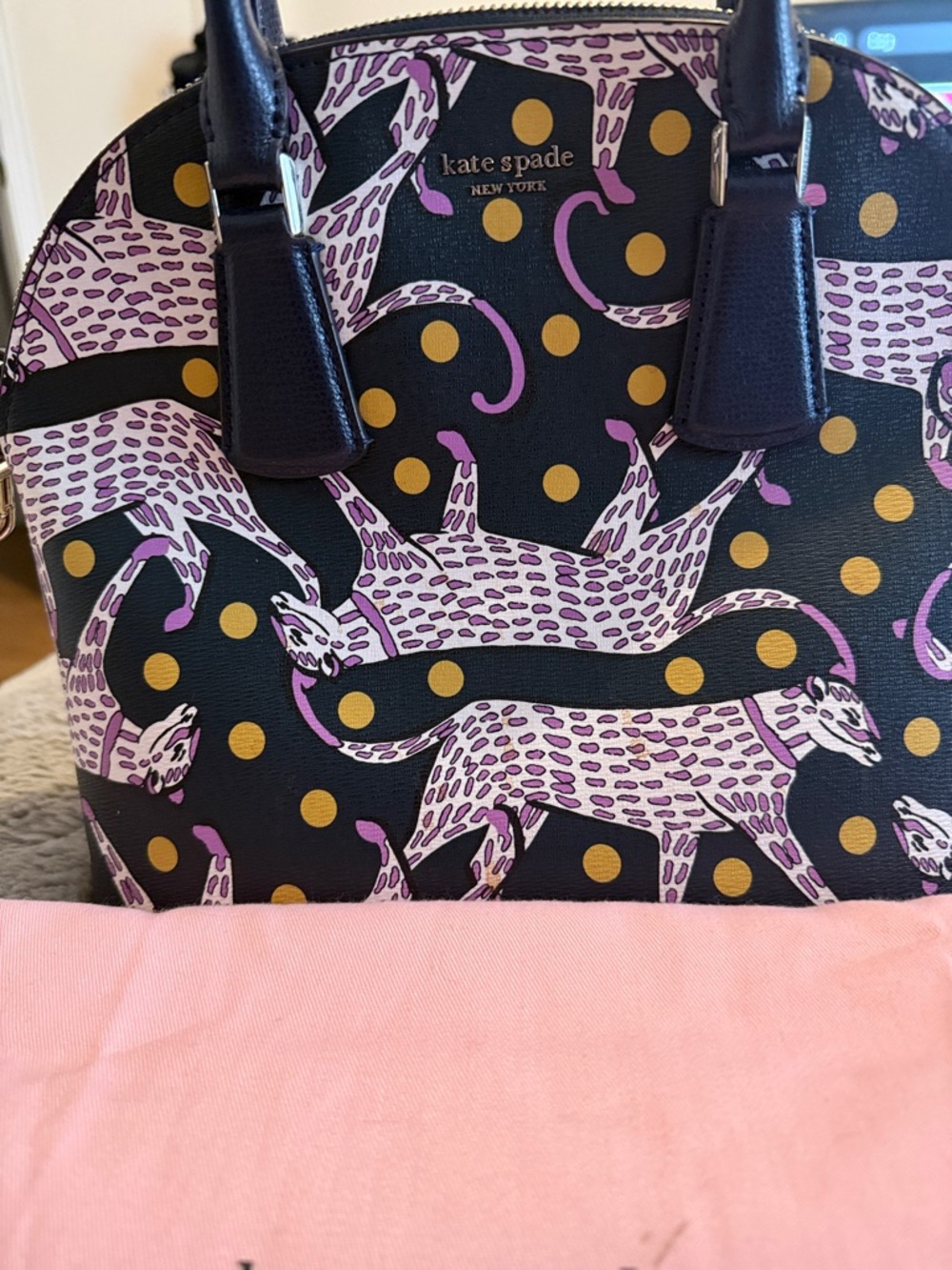 kate spade Black Satchel with Pink Leopard Motif and Gold Polka Dots